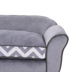 Grey pet sofa bed close-up of seat cushion edge with chevron pattern fabric