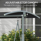 Tilting patio canopy for 2-seater swing bench with black seat cushions and gray frame