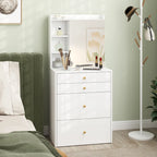White vanity cabinet with mirror, open shelves, and three stacked drawers