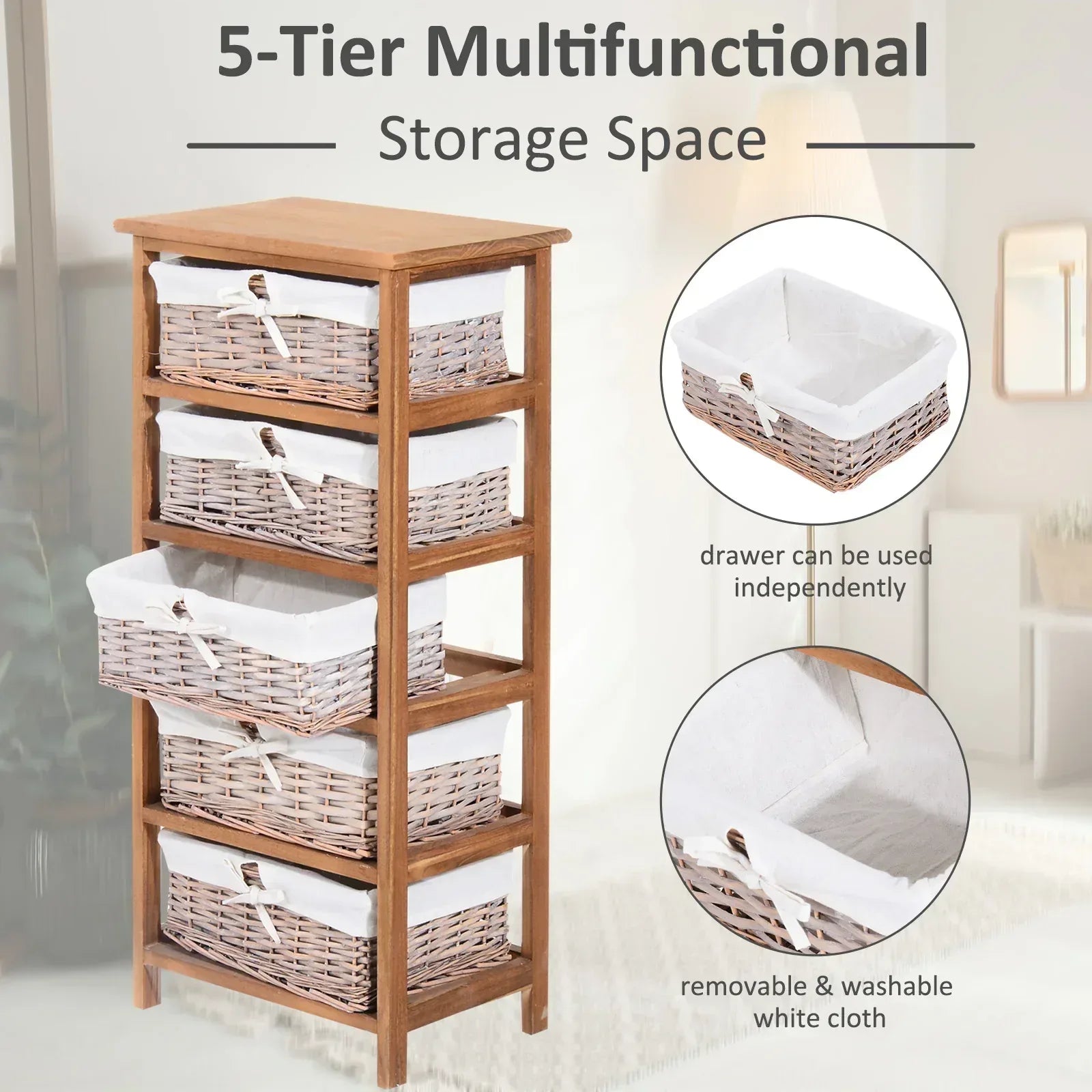 5 Drawer Dresser Wicker Basket Storage Shelf Unit Wooden Frame Home Organisation Cabinet Bedroom Office Furniture Natural Finish - Bobobiy