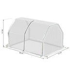Mini greenhouse with white mesh cover and green steel frame, side view with dimensions
