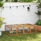 Outdoor rabbit run hutch with wooden frame, wire mesh panels, open play space