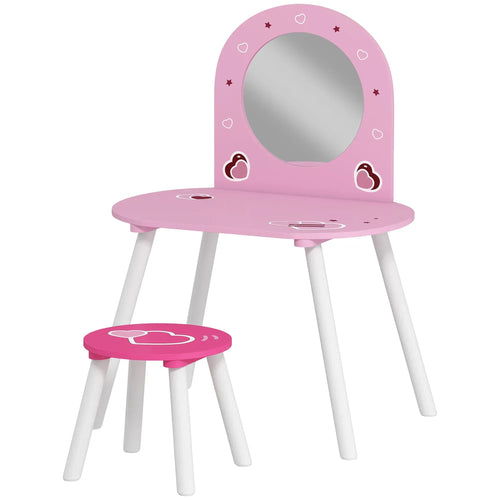 Pink kids vanity table with arched mirror and matching round stool
