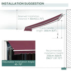 Manual retractable awning installation diagram with crank handle, angle, and height markers.