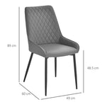 Grey quilted PU leather dining chair with black metal legs, side profile and size markers