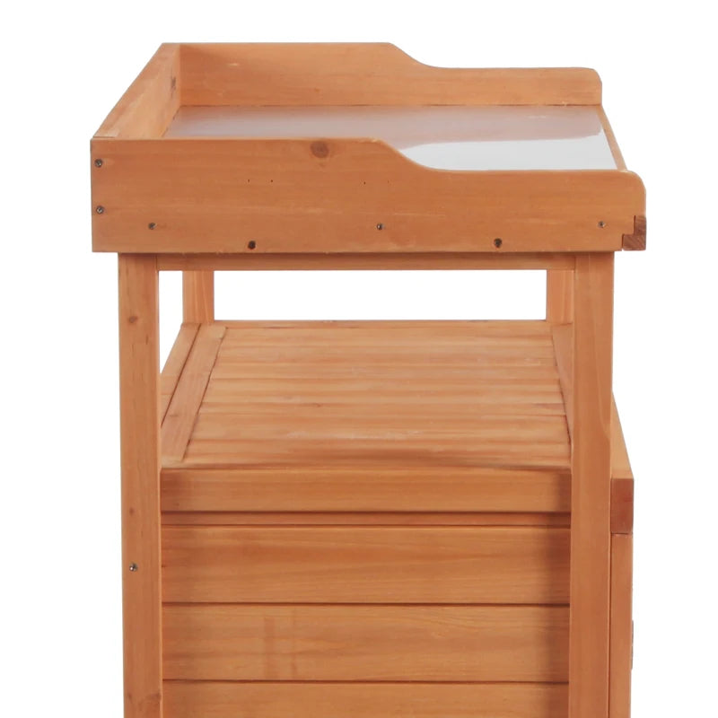 Orange wooden workbench with open cabinet space and two-tier shelving