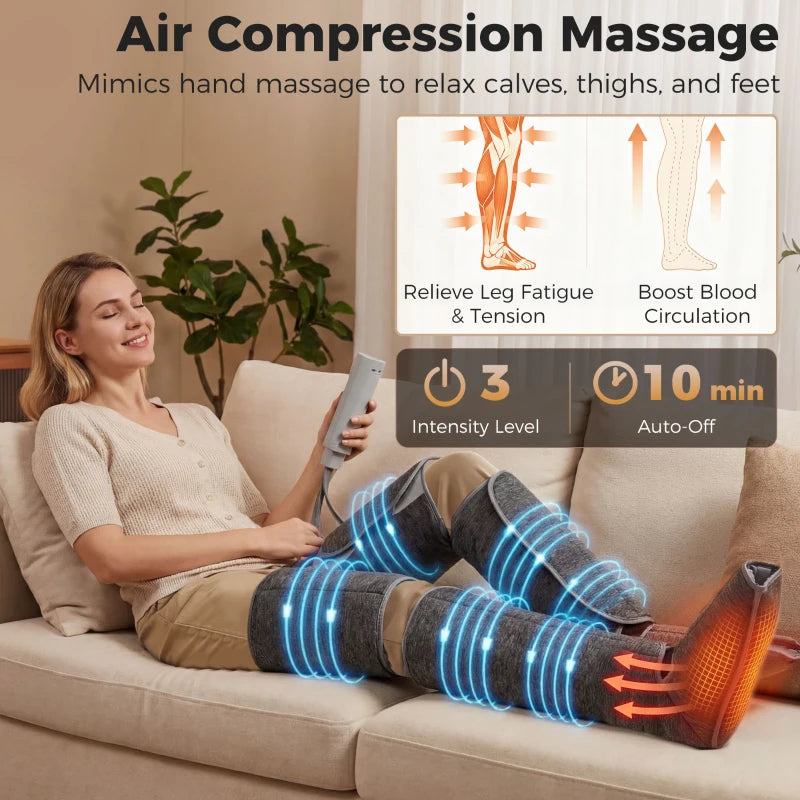 Grey heated leg compression massager with air-pressure sleeves for calves and feet