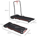 Foldable walking treadmill with dimensions, black running deck and red accent lines.
