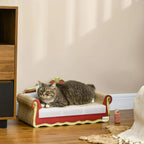 Cat cardboard scratcher lounge sofa bed with gray cat lying on white cushion, beige sides