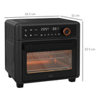 Black countertop air fryer oven front view with glass door and size guide lines