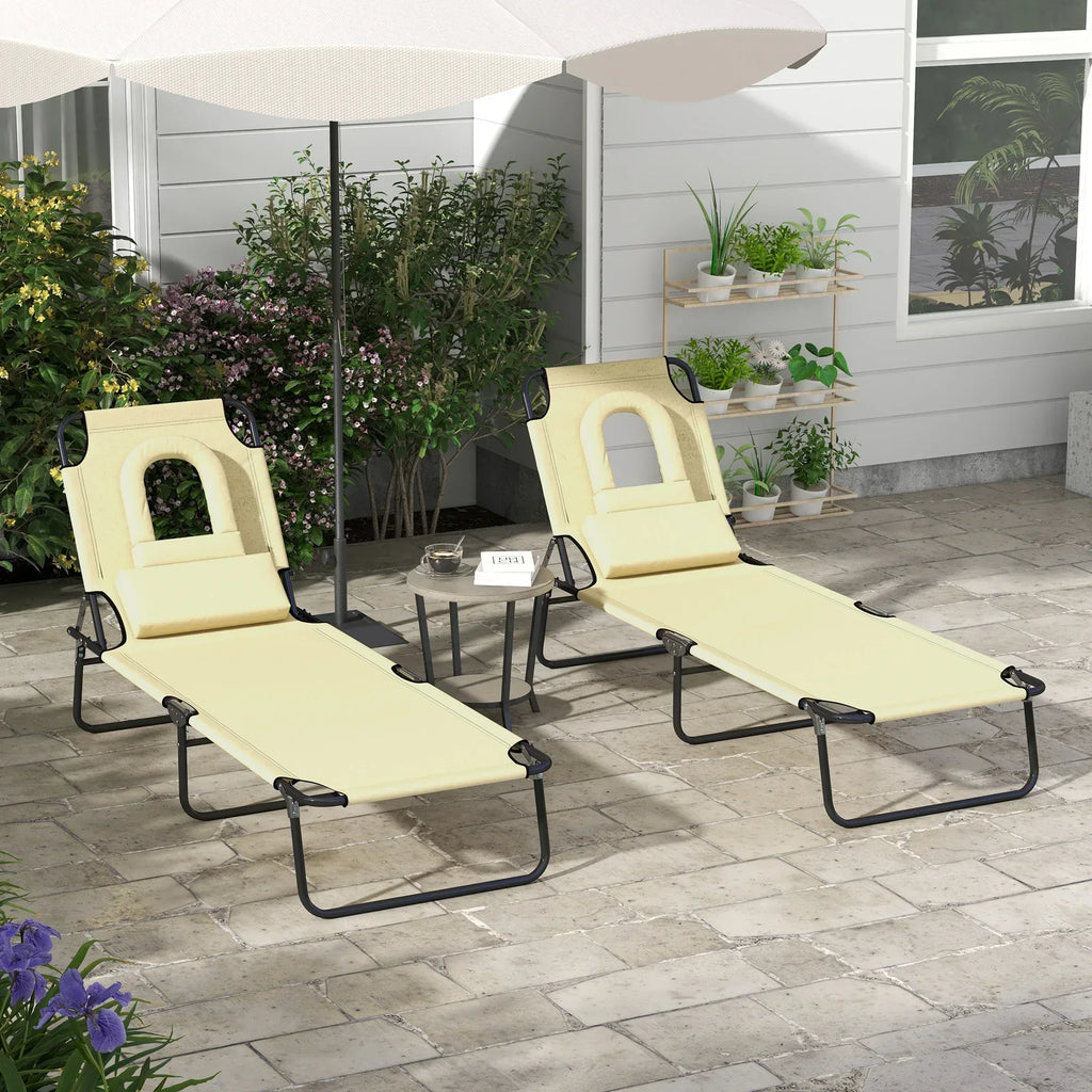 Folding Sun Loungers Set of 2 with Face Hole, 4-Position Adjustable Backrest Garden Recliner Chairs Sunbeds, Outdoor Lounge Chairs with 600 D Oxford Cloth Seat, Pillow for Beach, Beige - Bobobiy