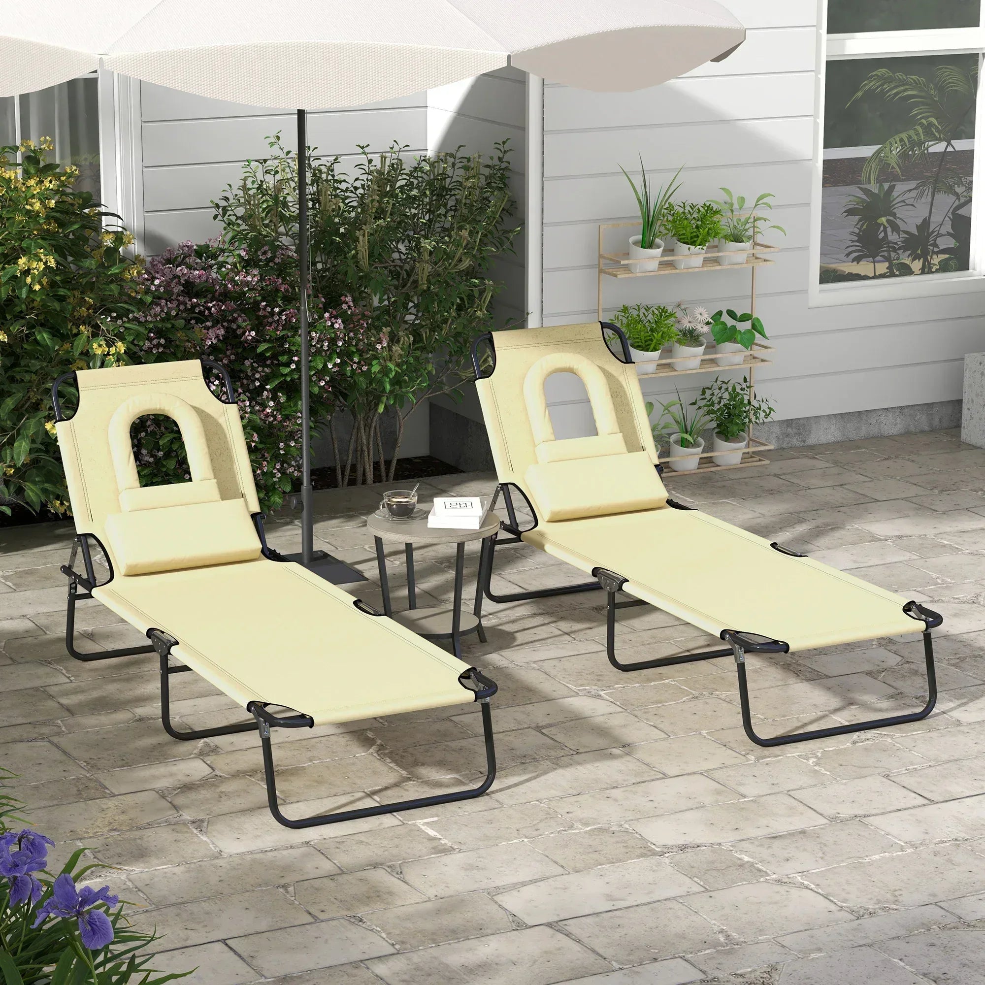 Folding Sun Loungers Set of 2 with Face Hole, 4-Position Adjustable Backrest Garden Recliner Chairs Sunbeds, Outdoor Lounge Chairs with 600 D Oxford Cloth Seat, Pillow for Beach, Beige - Bobobiy