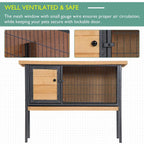 Elevated pet hutch with wire mesh door, latch hardware, and ventilated mesh side walls