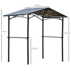 Black metal gazebo frame with hardtop roof and open side panels for BBQ protection