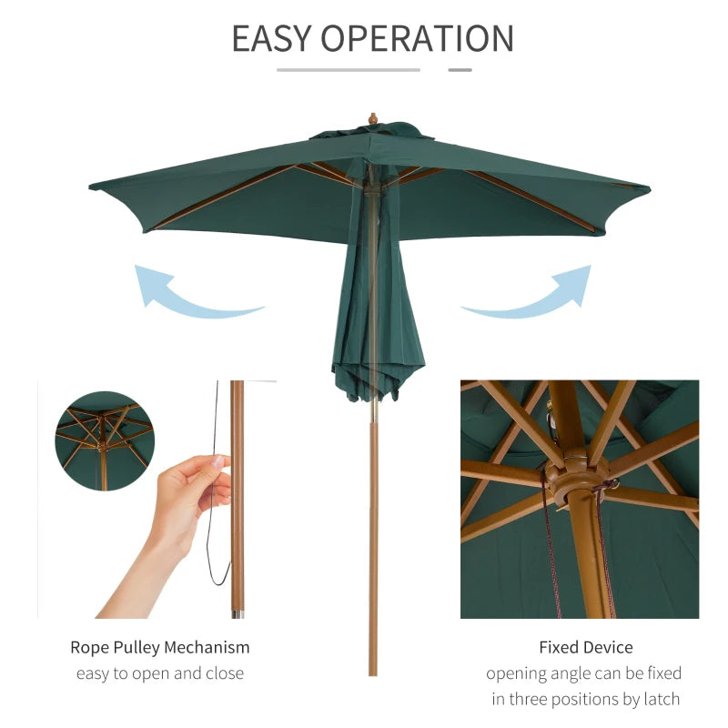Green patio umbrella with rope pulley mechanism and fixed device on a white background