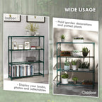 Green four-tier plant shelf with wire grid shelves shown with decor and potted plants.