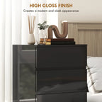 High-gloss black 5-drawer dresser cabinet with wide top drawer and sleek front panels.