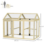 Large wooden chicken run with wire mesh side panels and frame, shown with size measurements