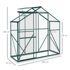 Green polycarbonate walk-in greenhouse with double doors and metal base frame