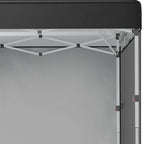 Black pop up gazebo frame close-up with canopy supports and sidewall attachment