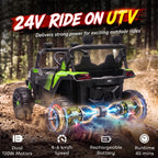 Green and black 2-seat ride-on UTV on a rocky outdoor trail