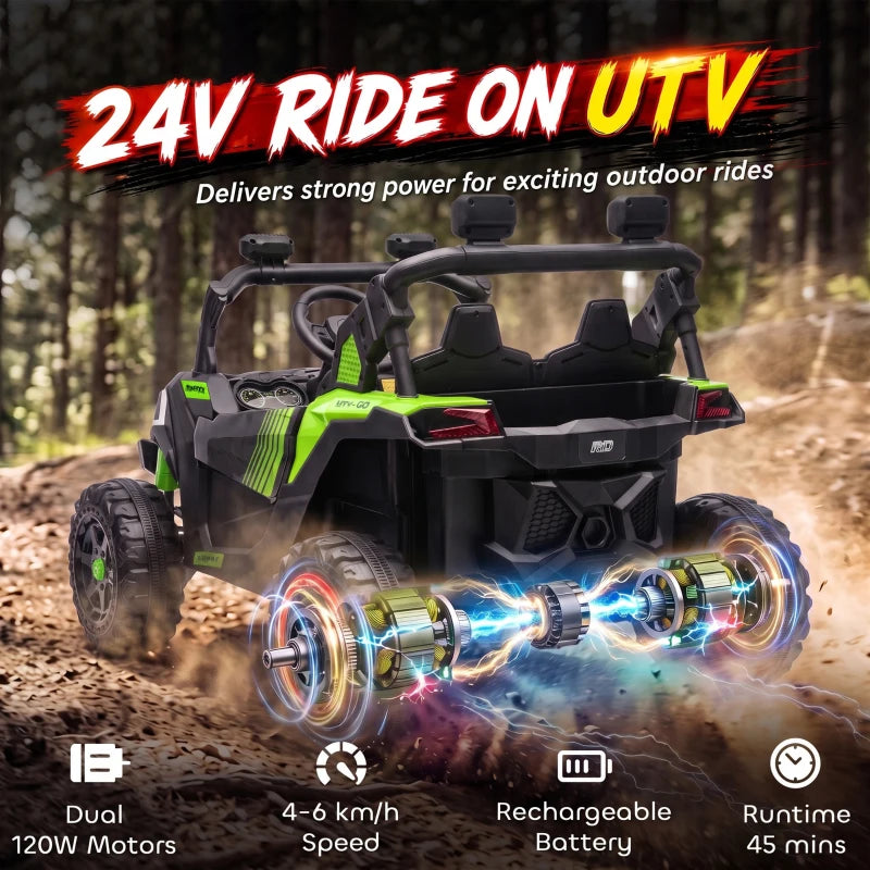 Green and black 2-seat ride-on UTV on a rocky outdoor trail
