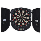 Black electronic dartboard with folding side cabinet and 6 darts, front view