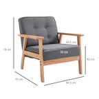 Grey upholstered accent armchair with button-tufted back and beech wood frame, side view