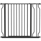 Black pressure-mounted dog safety gate with vertical bars and side hinges