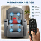 Grey massage recliner armchair with heat and vibration zones, remote in hand