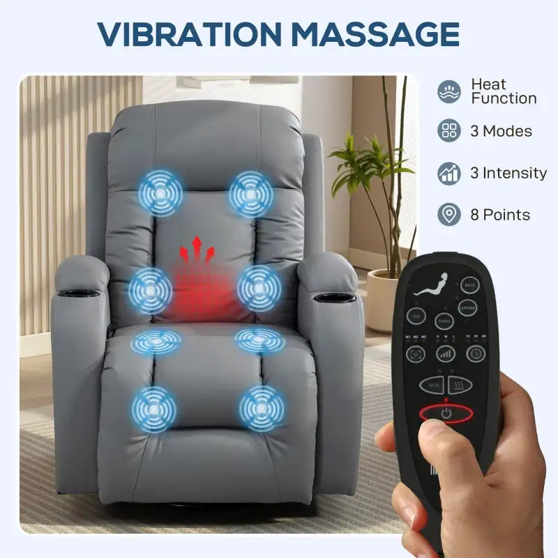 Grey massage recliner armchair with heat and vibration zones, remote in hand