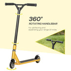 Gold deck and black stunt scooter showing rotating handlebars and front wheel
