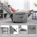 Grey lift-and-recline massage armchair reclined with headrest and footrest features