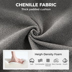 Close-up of grey chenille upholstery texture on thick padded cushion