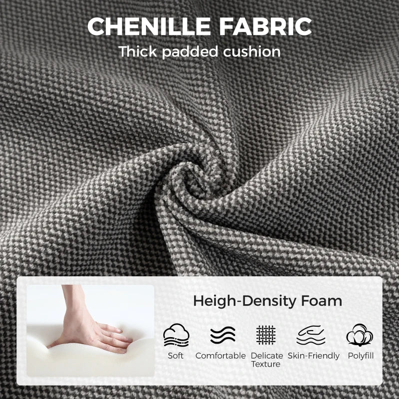 Close-up of grey chenille upholstery texture on thick padded cushion