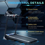 Black treadmill frame with phone holder and bottle holders near LED console