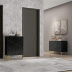 Black high-gloss sideboard with geometric doors and gold hairpin legs