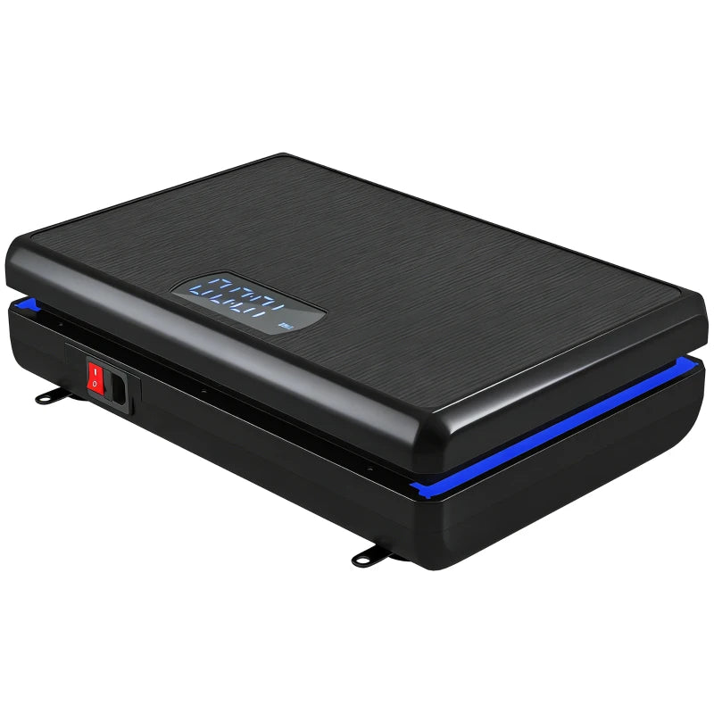 Black vibration plate exercise machine with blue LED light strip and control panel