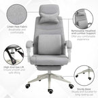 Light grey fabric office chair with headrest and lumbar pillows, curved armrests, sturdy base