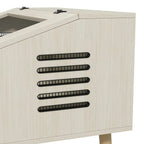 Oak reptile vivarium close-up of black air vent grilles on the side panel