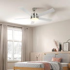 Ceiling fan with light, silver body and 5 beech wood-effect blades in bedroom