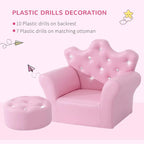 Pink kids armchair with tufted back and matching round ottoman for kids
