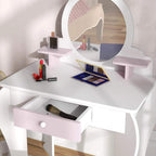 White vanity table with bunny mirror and shelves, showing tabletop accessories and drawer