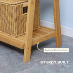 Bamboo towel rack base with sturdy legs and slatted shelves, natural wood