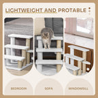 White 3-step cat tower that folds for easy storage, with plush platforms and sisal posts