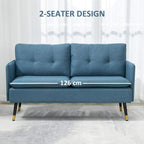 Two-seat blue sofa loveseat with tufted back, armrests, and steel legs