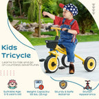 Kids yellow tricycle with black seat and front basket, ridden outdoors by a child
