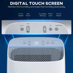 White dehumidifier front control panel with digital touch buttons and display.