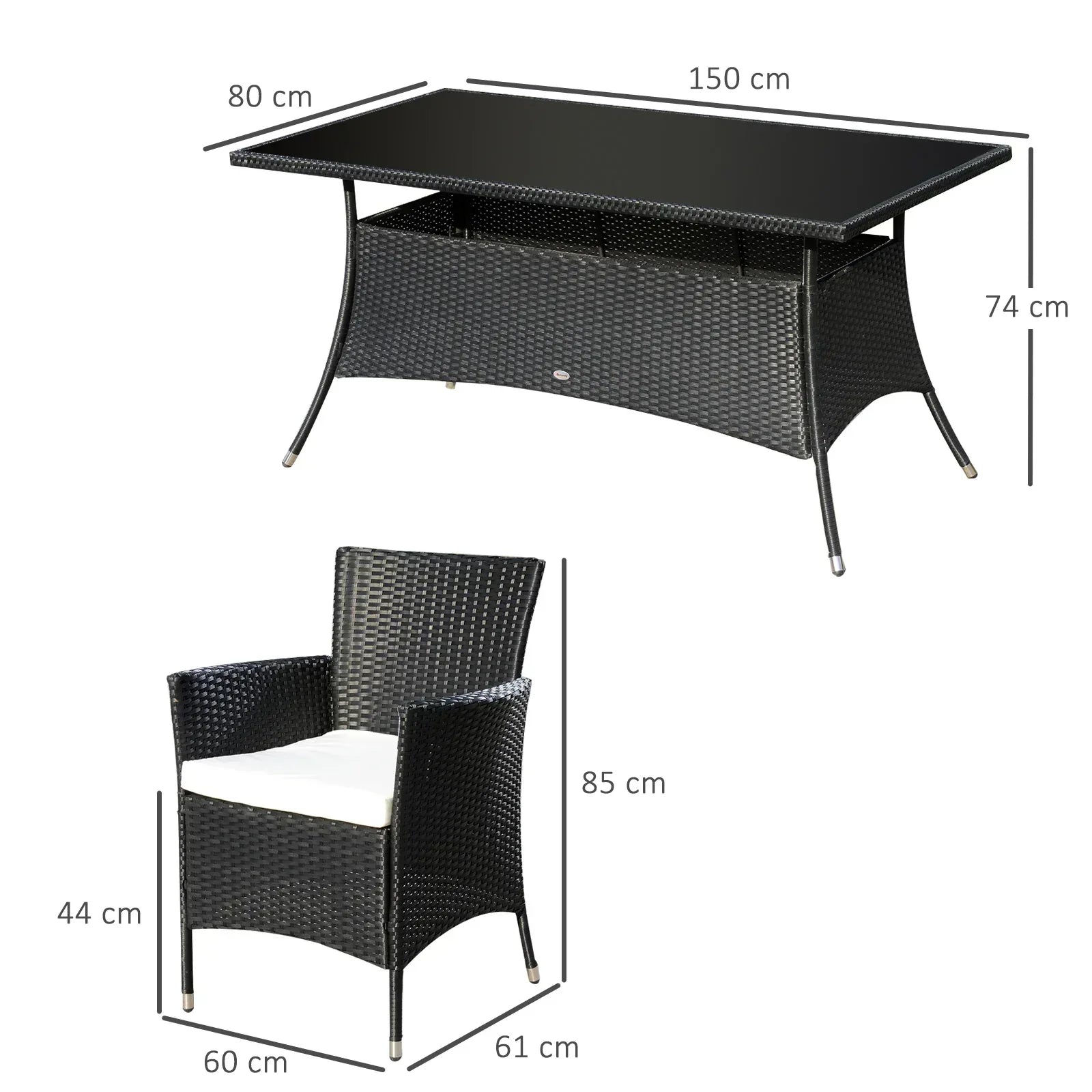 6 Seater Rattan Dining Set with Cushions, Rattan Garden Furniture Set with 6 Armchairs, Rectangular Glass Top Table, Outdoor Dining Table and Chairs, Black - Bobobiy