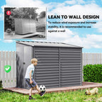Grey lean-to metal garden shed with side louvered panel mounted for stability